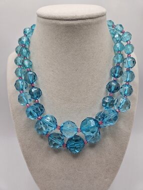 VINTAGE Set Blue Faceted Lucite Plastic Beaded Strand Necklaces
